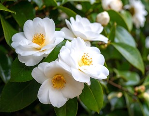 Obraz premium Close-up of three white camellia blossoms
