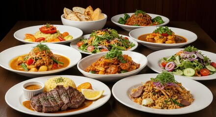 Assortment of Gourmet Dishes on Plates Ready to Serve