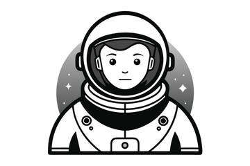 A monochrome astronaut with a helmet stands before a stellar background in a simple vector