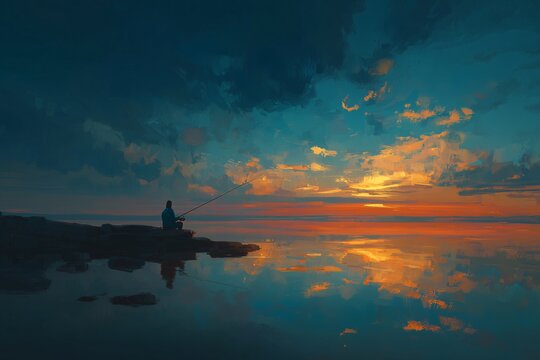 Illustration - Man fishing on rocky shore at sunset, Digital painting with dramatic sky and calm reflection