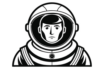 Front view of a thoughtful astronaut wearing a spacesuit helmet in a simple, clean line