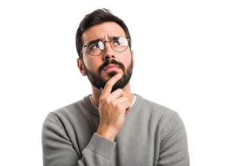 Pensive man with a thoughtful expression isolated on a transparent background

