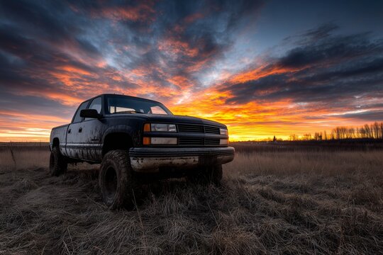 Lifted black pickup truck on grassy field at sunset, Muddy offroad truck parked in open rural landscape