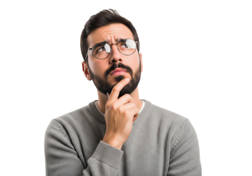 Pensive man with a thoughtful expression isolated on a transparent background

