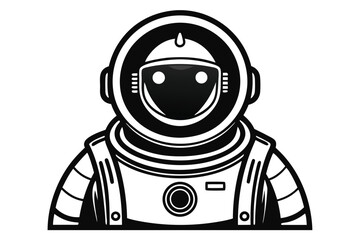 Minimalist monochrome astronaut illustration depicts a futuristic space explorer isolated against a clean white background
