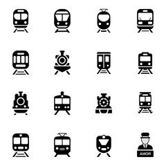 Collection of train icons and engineer isolated on white background