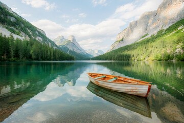 Obraz premium Serene Mountain Lake with Rowboat Reflecting Surrounding Peaks and Forests