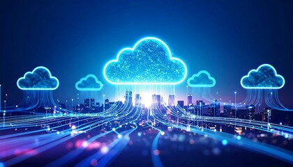 Glowing Cloud Computing Network Above Cityscape at Night