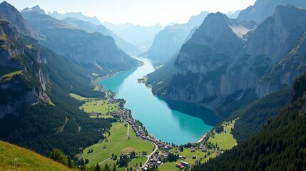 Scenic View of Mountain Valley and Lake in Switzerland