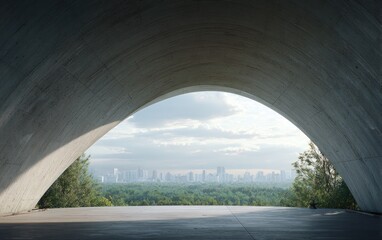 Concrete archway, panoramic cityscape view