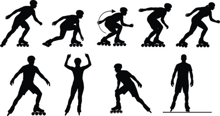 Silhouette of people inline skating, rollerblading sports poses, skating training techniques, balance movement, speed skating practice, fitness outdoor activity, athlete exercise illustration