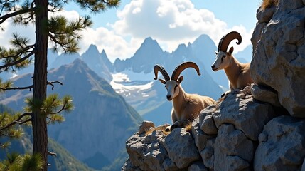 Mountain Goats Resting on Rocky Outcrop with Scenic Mountain Vista