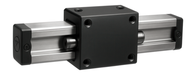 Linear guide with a split rail design for modular assembly in a custom machinery production facility.