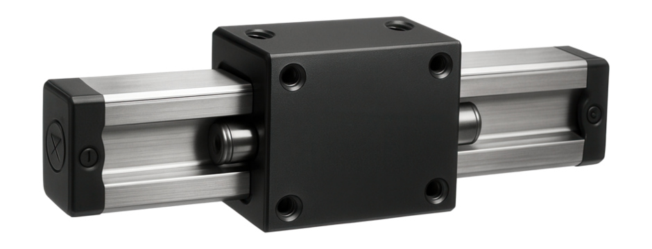 Linear guide with a split rail design for modular assembly in a custom machinery production facility.