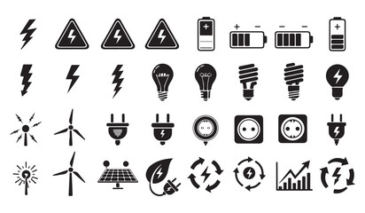 Black silhouette vector icons for business, travel, and home with alphabet letters and numbers