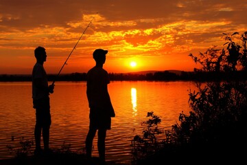 Fototapeta premium Two men fishing at lakeside during sunset, Silhouettes in warm light with dramatic orange sky
