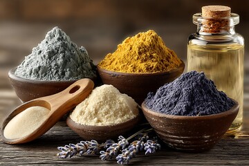 Natural spa powders with essential oils and lavender high resolution image