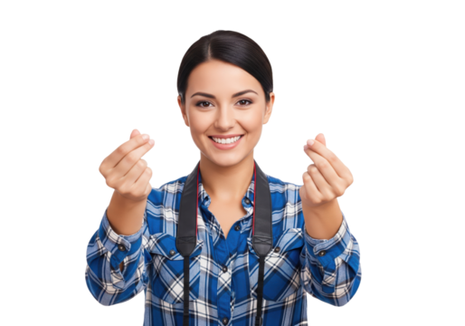Smiling woman photographer making a finger heart gesture isolated on a transparent background

