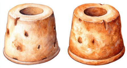 Two light brown, watercolor-painted, cylindrical objects with a central hole and speckled texture