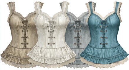Three variations of a vintage-style corset top with lace trim and pleated detailing