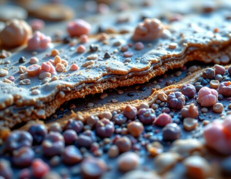 detailed cross section of biofilm revealing nutrient channel system between bacterial colonies realistic macro in scientific style under soft daylight with clear focus on structural complexity and moi