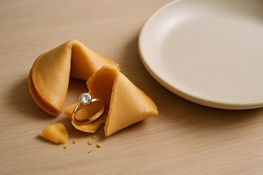 Fortune cookie cracked open to reveal an engagement ring beside a plate, playful proposal surprise