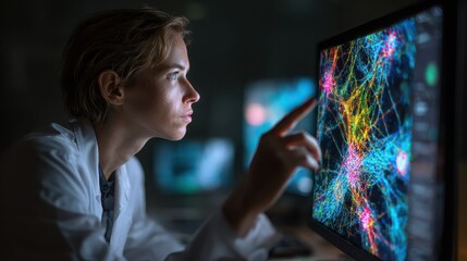 Scientist Analyzing Complex Data on Computer Screen in a Dark Laboratory