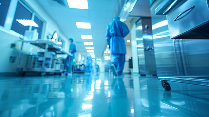 Fototapeta premium Medical team hurrying through hospital hallway, displaying urgent movement and high-stress dynamics of medical professional working environment