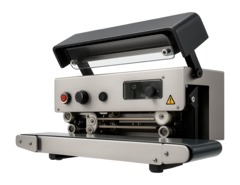 Horizontal band sealer with a tilting head for sealing liquid-filled pouches in a dairy processing plant