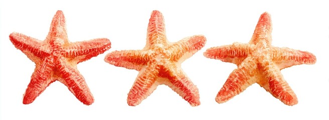 Three coral-colored starfish arranged horizontally against a white background