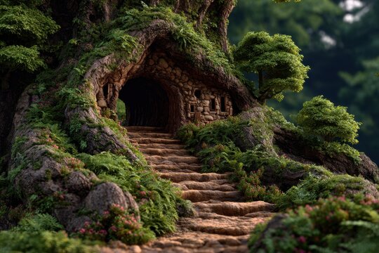 Enchanted Stone Dwelling in Old Tree with Staircase Leading to Tunnel Entrance, Fairy Tale Ambiance in a PNG set with transparent background