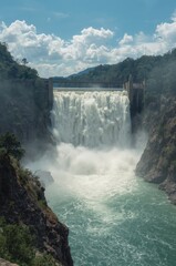 Majestic Hydroelectric Dam Unleashing Powerful Water Flow in Scenic Mountain Landscape Under a Blue Sky with Clouds