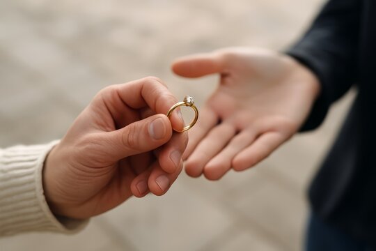 Person extending hand with ring toward the viewer on a city street, selective focus romantic invitation