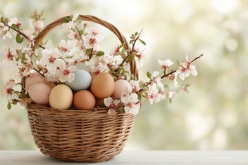 Woven basket overflowing with pastel Easter eggs and spring flowers resting on soft grass, photographed in warm daylight for festive lifestyle themes, decorative content, and seasonal campaigns
