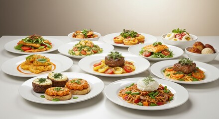 Various Dishes on White Plates Food Photography Still Life