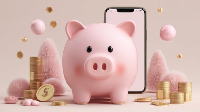 Pink piggy bank, gold coins, and a smartphone, all in a pastel background.