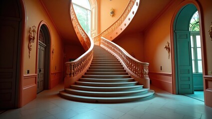 A grand, ornate spiral staircase in a stately hall.