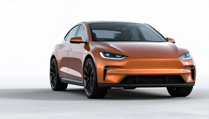 Naklejka premium Electric car mockup at 45-degree front-side angle, minimal light white background, soft shadows, realistic reflections, no logo or branding, premium automotive product presentation.