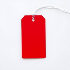 A vivid red tag hangs against a crisp white background, minimalistic and visually striking piece.