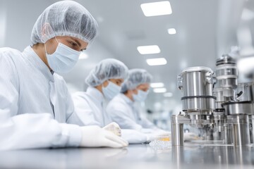 High-tech food testing lab with precision instruments and technicians in sterile uniforms, showcasing innovation, quality assurance, and safety in modern food science