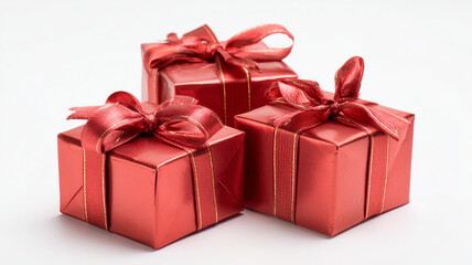 Obraz premium Three red gift boxes with shiny ribbons are elegantly arranged, creating festive and joyful atmosphere. vibrant color and neat wrapping make them perfect for celebrations and special occasions