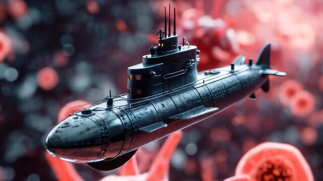 Miniature Submarine Navigating Through a Red, Cellular-Like, Abstract Background
