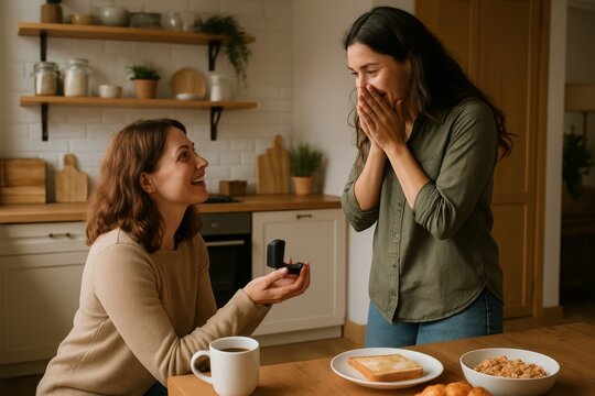 Home kitchen proposal beside coffee mugs, candid joyful acceptance moment