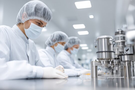 High-tech food testing lab with precision instruments and technicians in sterile uniforms, showcasing innovation, quality assurance, and safety in modern food science - Powered by Adobe