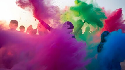 Vibrant clouds of colorful holi powder explode in the air during a joyous festival celebration with silhouetted people