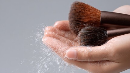 Step-by-step guide of hand cleaning makeup brushes with gentle soap and water isolated on transparent background perfect for home beauty tutorials and eco-friendly care content