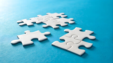 Obraz premium White puzzle pieces scattered on a bright blue surface