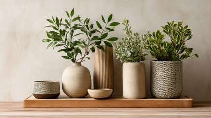 Handmade textured clay vases with fresh leafy green plants arranged in aesthetic flatlay composition on wooden panel perfect for artisan craft promotion and botanical lifestyle