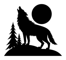 Black wolf howling at full moon with pine trees on hill night