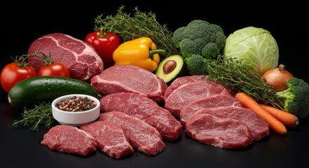 Fresh Meat Cuts with Vegetables and Herbs Preparation
